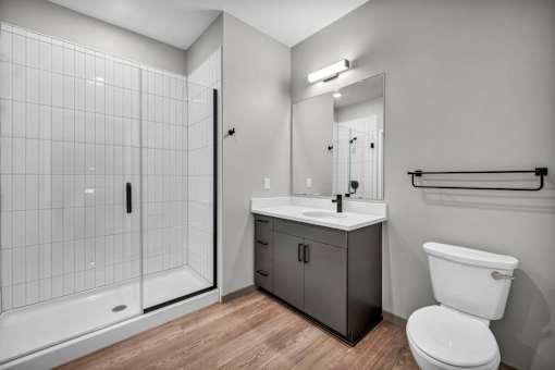 A modern bathroom with a walk-in shower, toilet, and sink.