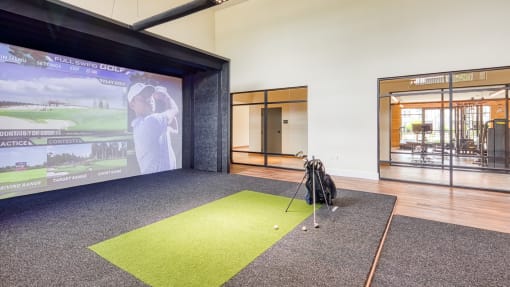 a video screen in a room with a golf ball on the carpet and a bag at Ainsworth, Virginia, 23228