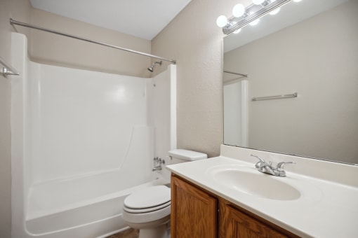 a bathroom with a sink toilet and shower and a mirror