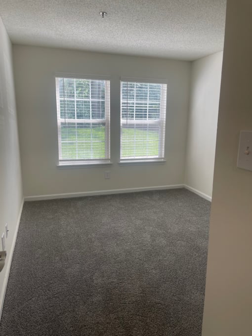 an empty room with two windows and a carpeted floor
