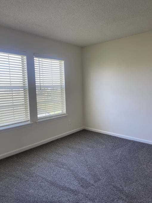 an empty room with two windows and a carpeted floor