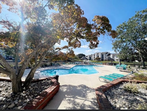 a swimming pool with a tree in the middle of it