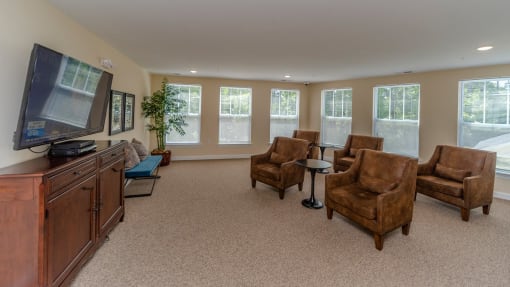a living room with couches and chairs and a television