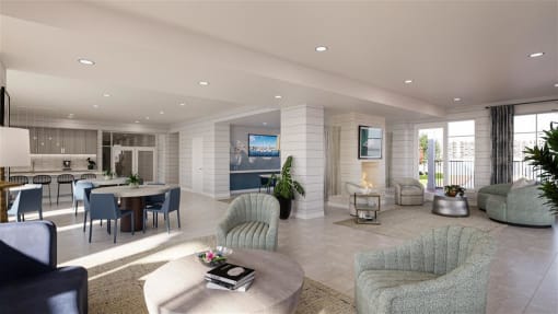 lobby with chairs, tables, and a TV on the way at The Port at East Beach Apartments and Marina, Norkfolk, VA, 23518