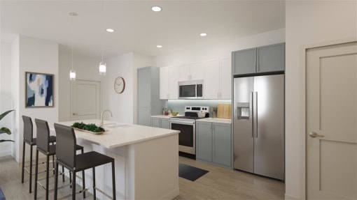 a white kitchen with a island and stainless steel refrigerator at The Port at East Beach Apartments and Marina, Norkfolk, VA