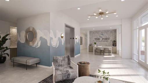 a lobby with a chair and a table at The Port at East Beach Apartments and Marina, Virginia