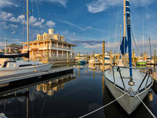 marina with Longboards restaurant in background at The Port at East Beach Apartments and Marina, Norkfolk, VA