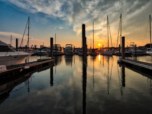 a harbor filled with boats at sunset at The Port at East Beach Apartments and Marina, Virginia, 23518