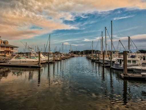 a row of boats docked at a harbor at The Port at East Beach Apartments and Marina, Norkfolk