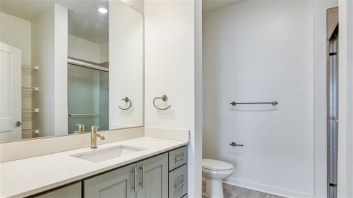 a bathroom with a sink, toilet, and mirror at The Port at East Beach Apartments and Marina, Norkfolk