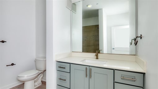 a bathroom with a sink toilet and a mirror at The Port at East Beach Apartments and Marina, Norkfolk, VA