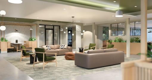 a rendering of a lobby with couches and chairs at Boardwalk at Research Park, Huntsville, AL