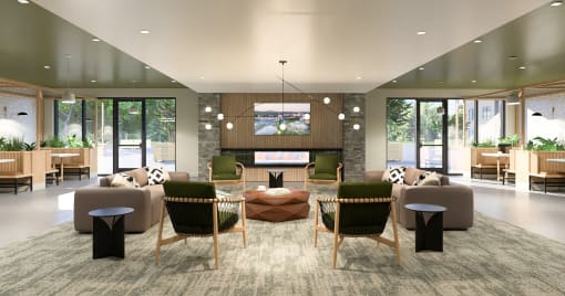 a living room with couches and chairs and a fireplace at Boardwalk at Research Park, Huntsville, Alabama