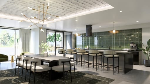 a dining room with a long table and chairs and a kitchen  at Boardwalk at Research Park, Alabama