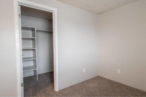 A white door is open to a room with a shelving unit inside.
