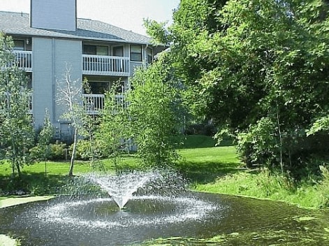 A fountain in the middle of a pond in front of a building.