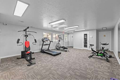 A spacious gym with a variety of equipment including a treadmill, stationary bike, and weight machine.