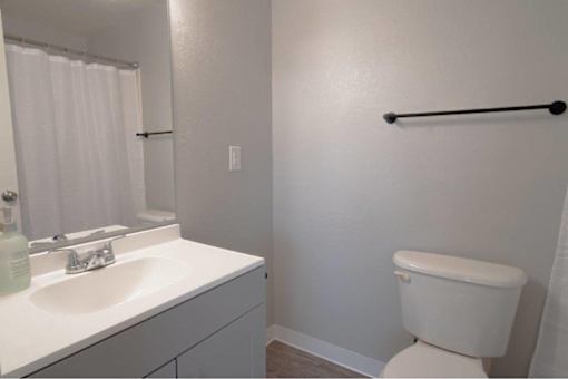A white toilet sits next to a sink in a bathroom.