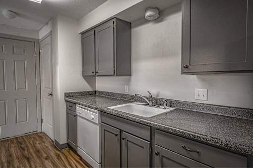 A kitchen with a sink and cabinets.