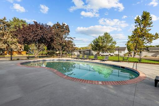 A round pool surrounded by a black fence and trees.