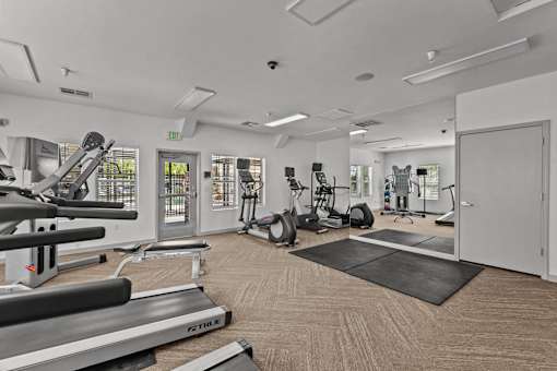 A gym with treadmills, exercise bikes, and other equipment.