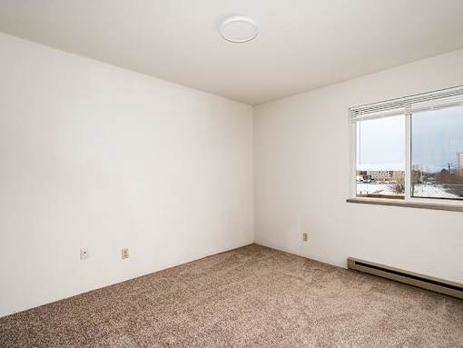 A room with a carpeted floor and a window showing a snowy landscape outside.
