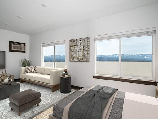 A modern bedroom with a large bed and a view of the mountains.