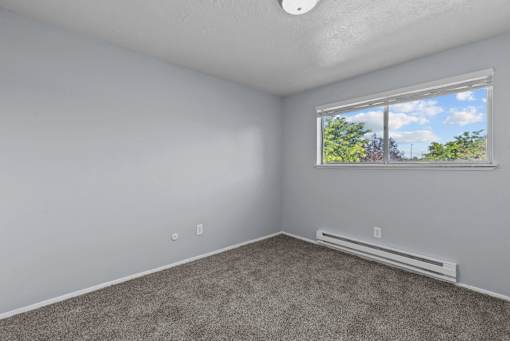 A room with a window showing trees and a blue sky.