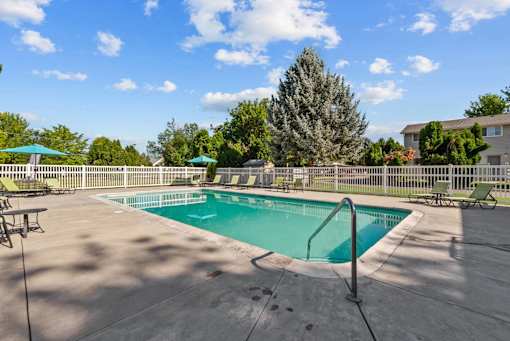 A swimming pool surrounded by a fence and trees.