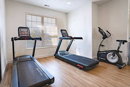 A room with a treadmill, a stationary bike, and a rowing machine.