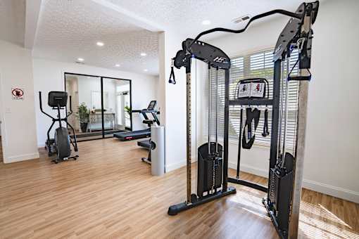 A gym with a treadmill, elliptical trainer and a stationary bike.