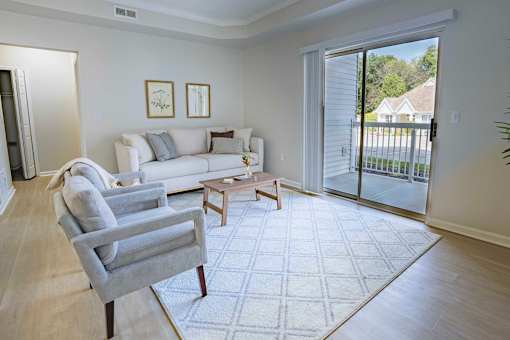 A living room with a grey couch and a white rug.