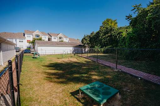 A backyard with a green trampoline and a fence.