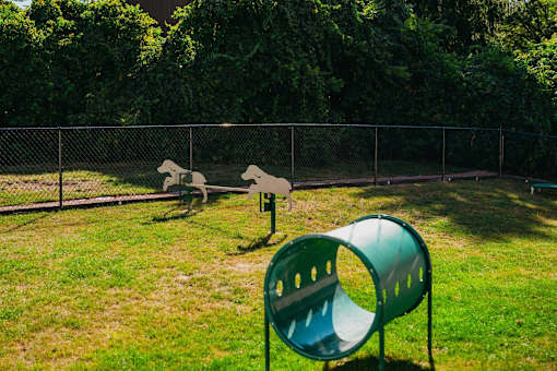 A green slide in a playground with a fence in the background.