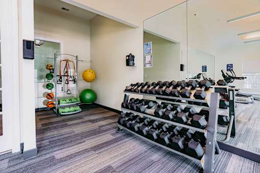 A gym room with a mirror, weights, and exercise equipment.