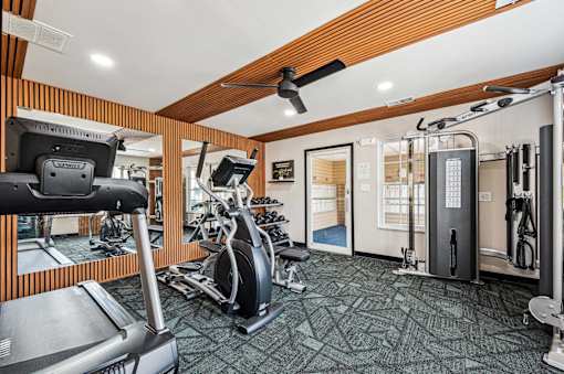 A gym with a variety of equipment including treadmills, weights, and a fan.