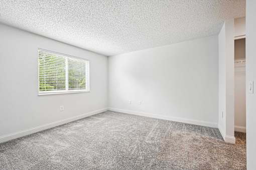 A room with a window and carpeted floor.