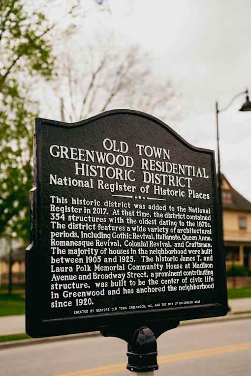 A sign for the Old Town Greenwood Residential Historic District stands in front of a tree.