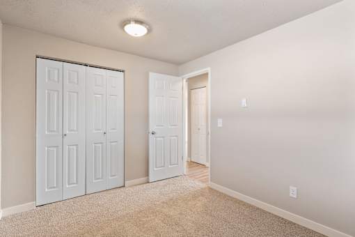A room with two white doors and a carpeted floor.