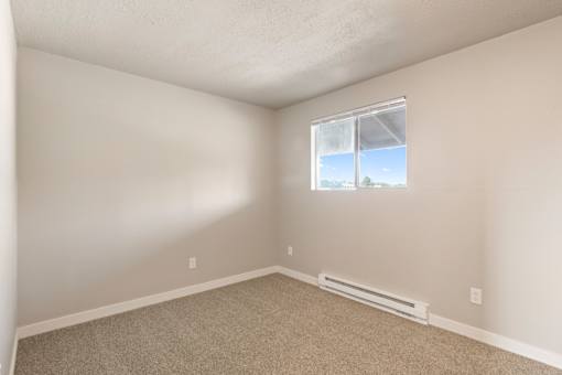 A room with a window and a carpeted floor.