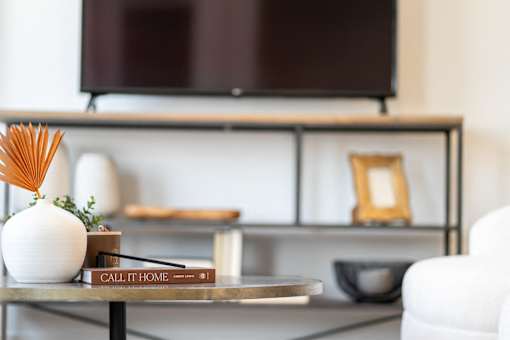 A white vase with a plant sits on a coffee table in front of a television.