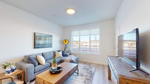 A living room with a grey couch, a wooden coffee table, and a flat screen TV.