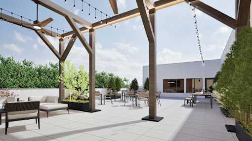 A modern outdoor seating area with wooden beams and white tiled floors.