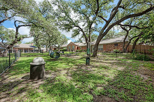 A backyard with a fence, a tree, and a house in the background.