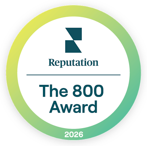 A circular logo with the text "Reputation", "The 800 Award", and the year "2026".