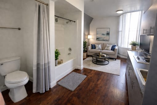 A modern bathroom with a toilet, a shower, a couch, and a kitchen area.
