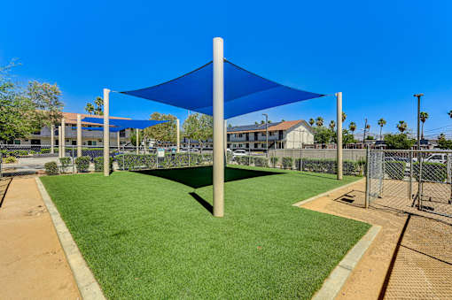 A blue shade structure is over a green field.