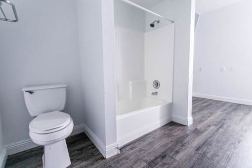 A white toilet in a bathroom with a white tub.