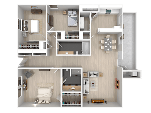 A detailed 3D floor plan of a small apartment with a kitchen, living room, and bedrooms.