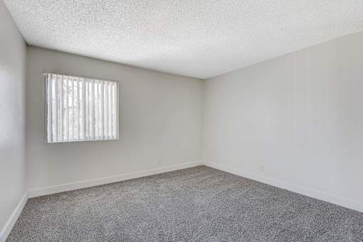 A room with a carpeted floor and a window with blinds.